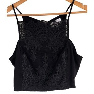 Kendall & Kylie Black Floral Embroidered Crop Spaghetti Strap Tank Back Zip Top